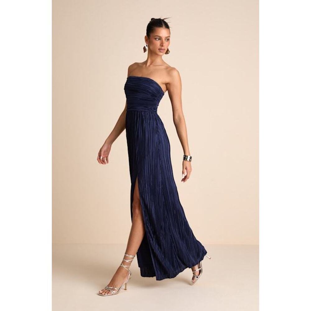 Lulus Poised Performance Navy Plisse One-shoulder Maxi Dress Blue - Size S